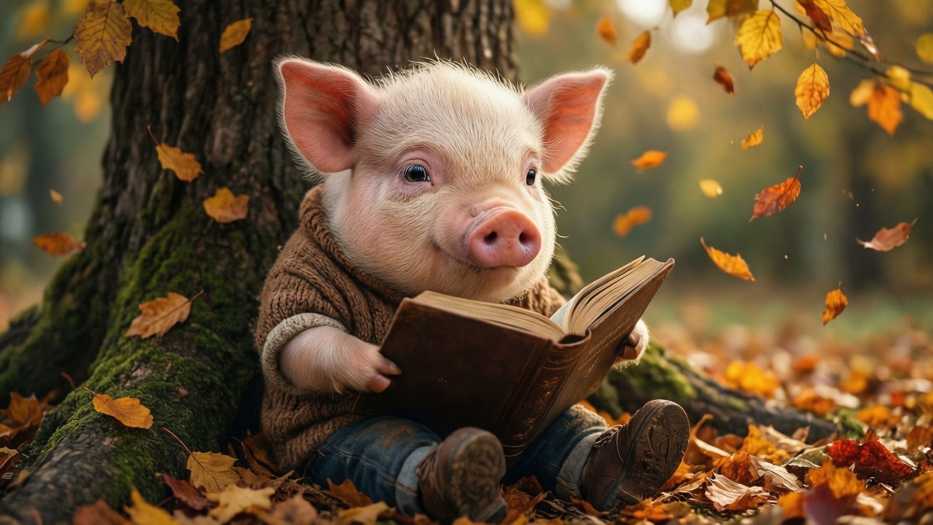 Pig Reading Autumn 壁紙 — 一隻穿著棕色毛衣的小豬坐在長滿苔蘚的樹旁看書，金色的秋葉在它周圍旋轉。