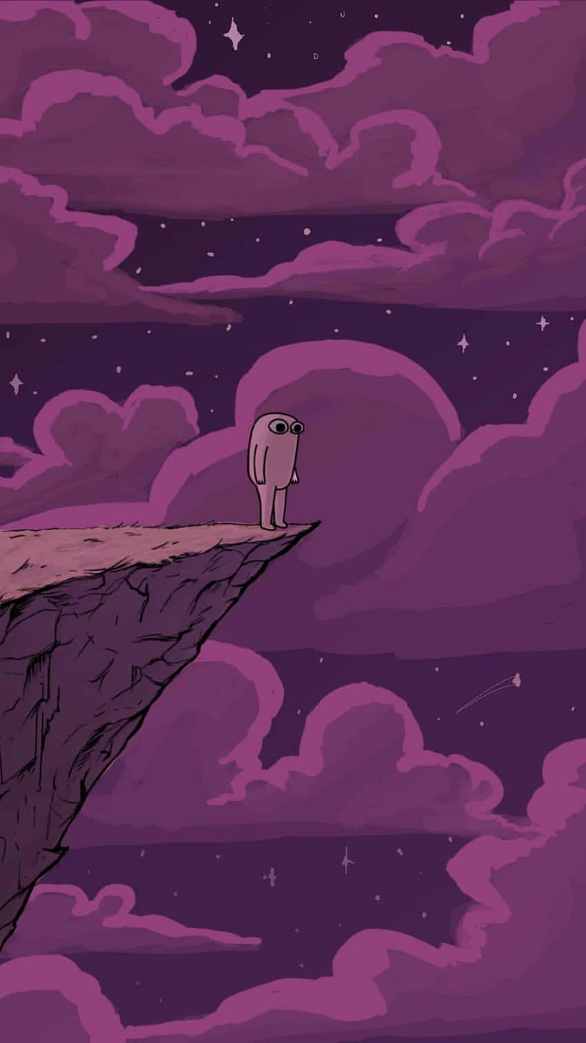  壁紙 — 一隻粉紅色的小生物獨自站在懸崖邊，天空是佈滿星星的紫色，充滿旋轉的雲層。