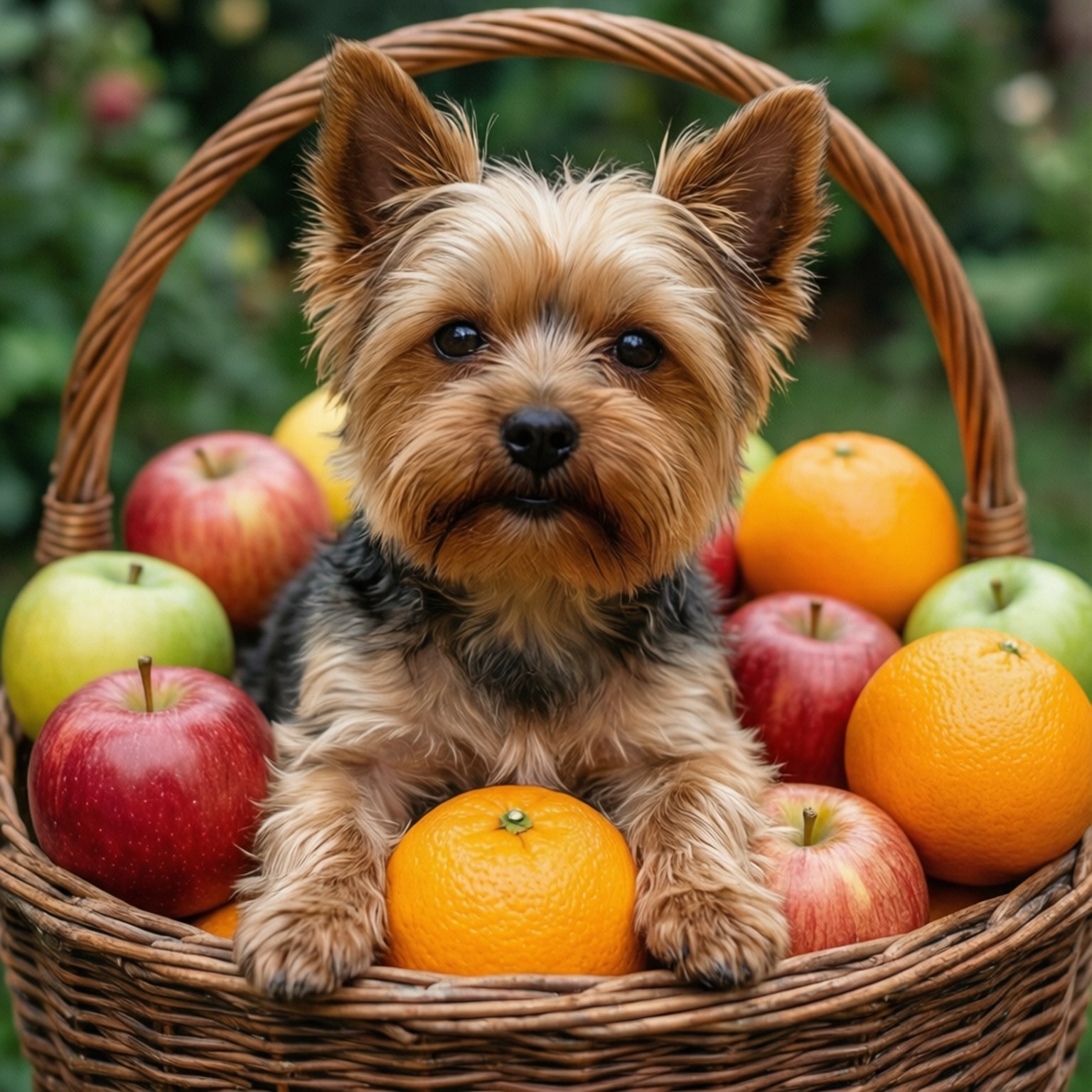 Fruit Basket Yorkie 壁紙 — 一隻細小的約克夏㹴小狗坐在編織柳條籃中，依偎在紅蘋果和鮮橙之間。