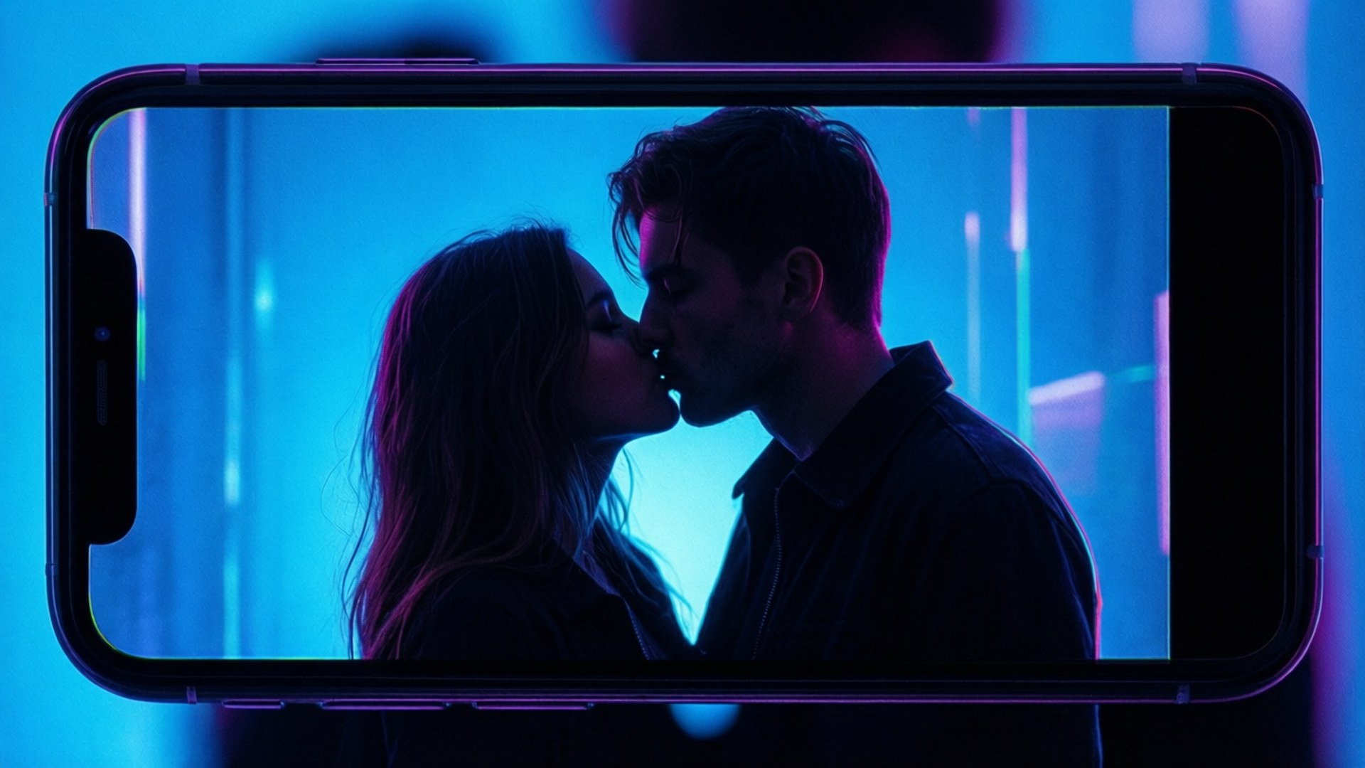 Digital Kiss 壁紙 — 一部智慧型手機顯示一對情侶在霓虹燈光下的城市環境中接吻，帶有鮮豔的藍色和紫色色調。