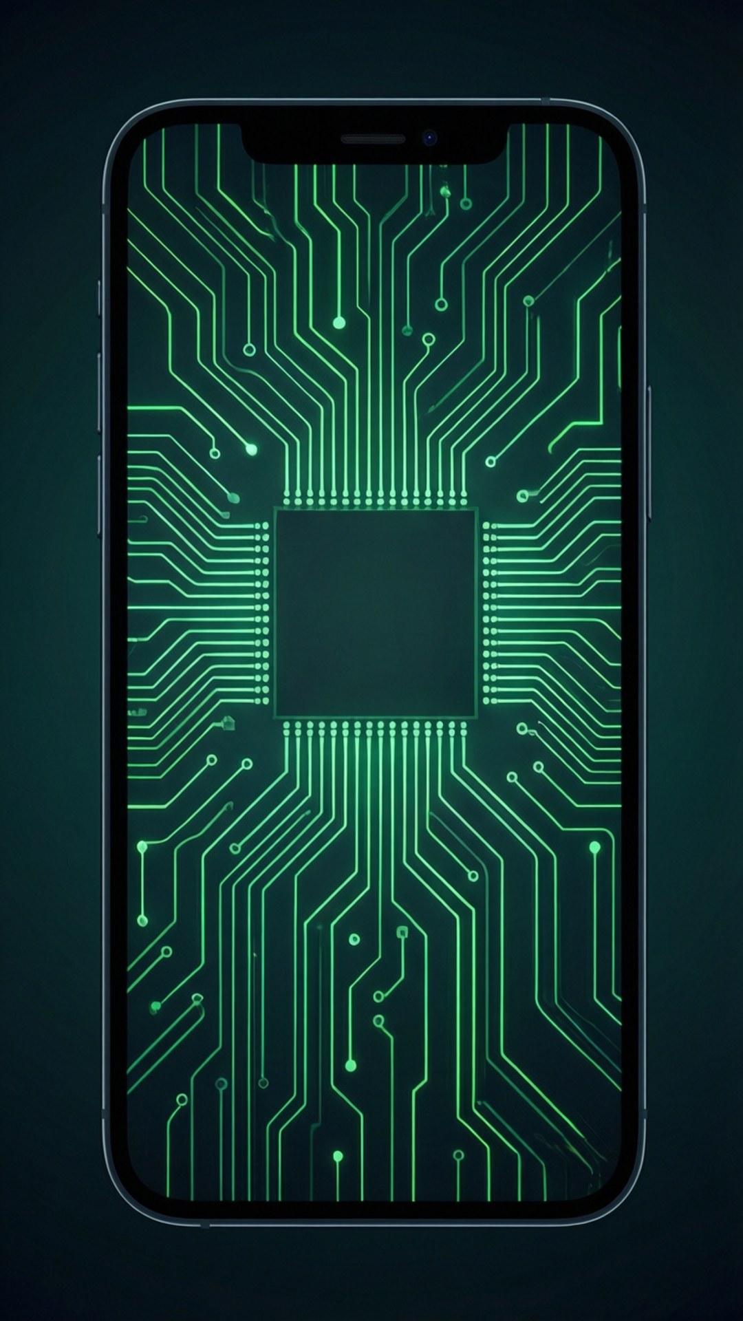 Neon Green Mobile 壁紙 — 一部智慧型手機在深青色背景上顯示發光綠色電路板圖案，中央有一塊晶片。