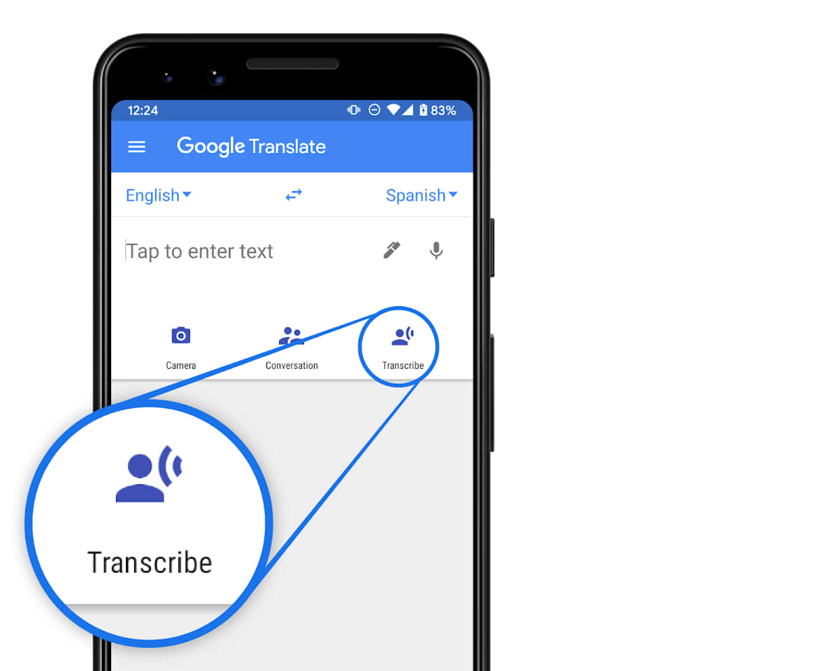 手機上的Google翻譯應用程式突出顯示轉錄功能。 — Google 壁紙