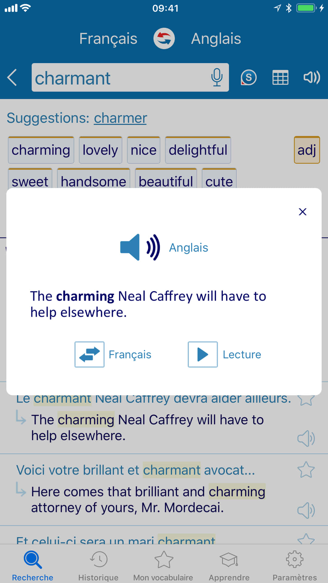 智慧型手機詞典應用程式顯示法語到英語的翻譯及彈出文字。 — Google 壁紙