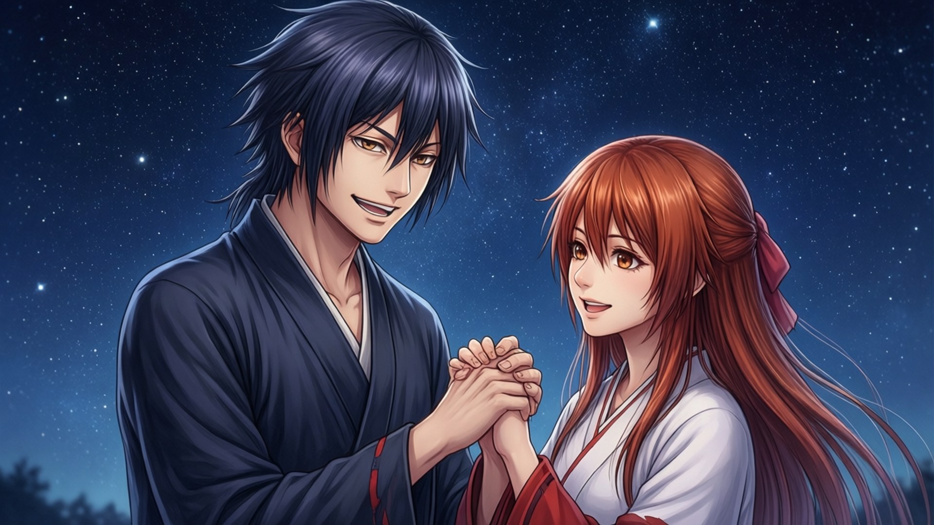 Yato and Hiyori Stargazing 壁紙 — 一對微笑的動漫情侶穿著傳統長袍，在星空下牽手。