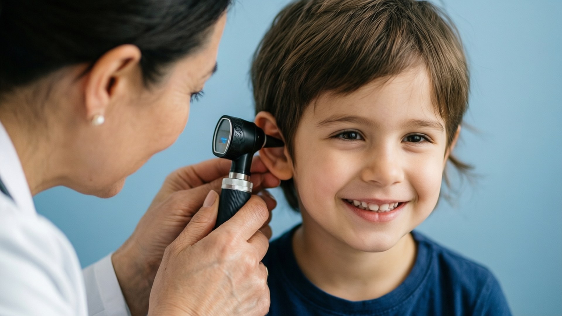 National Child Health Day 桌布 壁紙 — 一個微笑的孩子耐心地坐著，一位女醫生用耳鏡檢查他的耳朵，背景是柔和的藍色。