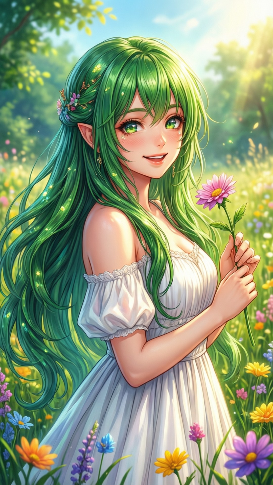 Sylphiette in the Meadow 壁紙 — 一個微笑的精靈，長長的綠色頭髮和尖耳朵，在陽光明媚、開滿五顏六色花朵的草地上拿著一朵粉紅色的花。