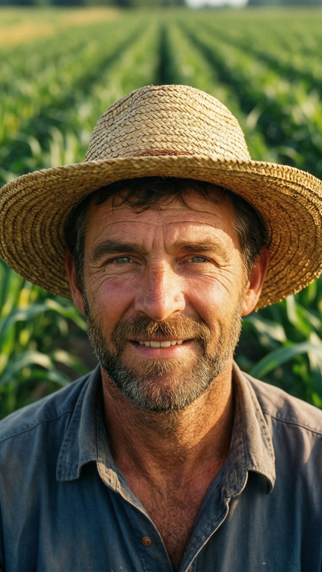 Farmer's Smile 壁紙 — 一位戴著草帽的農夫微笑著，自豪地站在陽光照耀的玉米田中，一行行的玉米延伸至遠方。