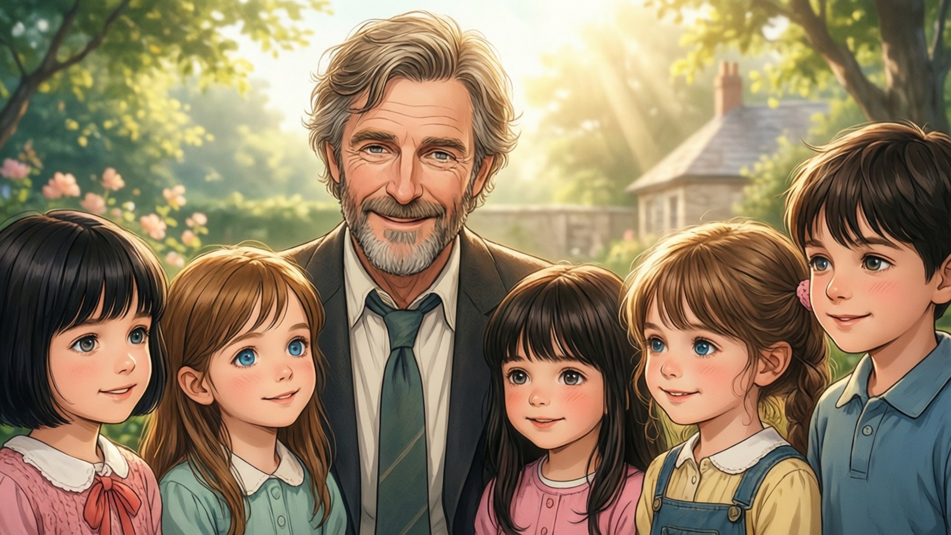 Moriarty with Children 壁紙 — 一位微笑的白髮祖父站在陽光明媚的花園中，周圍有五個快樂的孩子，花園裡鮮花盛開，背景是一座石屋。