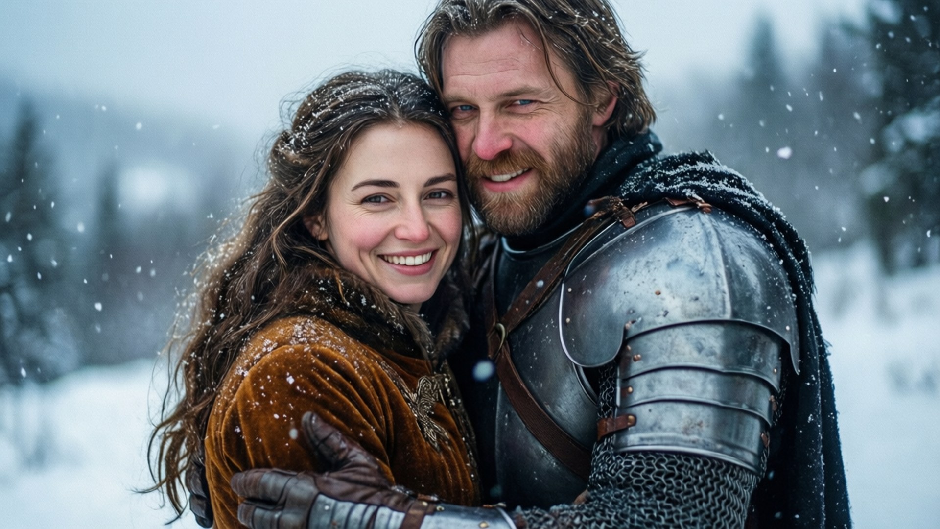 Love in the Snow 壁紙 — 一位微笑的騎士身穿盔甲，在冬日森林中輕柔飄落的雪花裡，擁抱著一位身穿棕色天鵝絨長裙的女子。