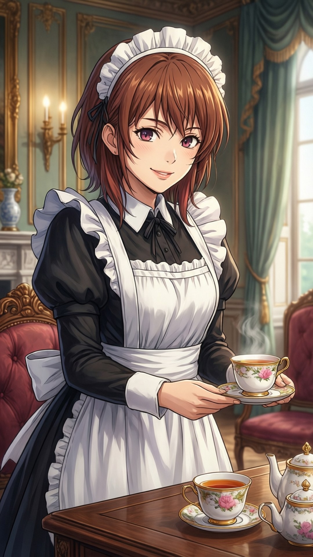 Lilia the Maid 壁紙 — 一位微笑的女僕穿著白色荷葉邊圍裙，在一個裝飾華麗的復古客廳裡用花卉瓷器和紅色天鵝絨椅子奉茶。