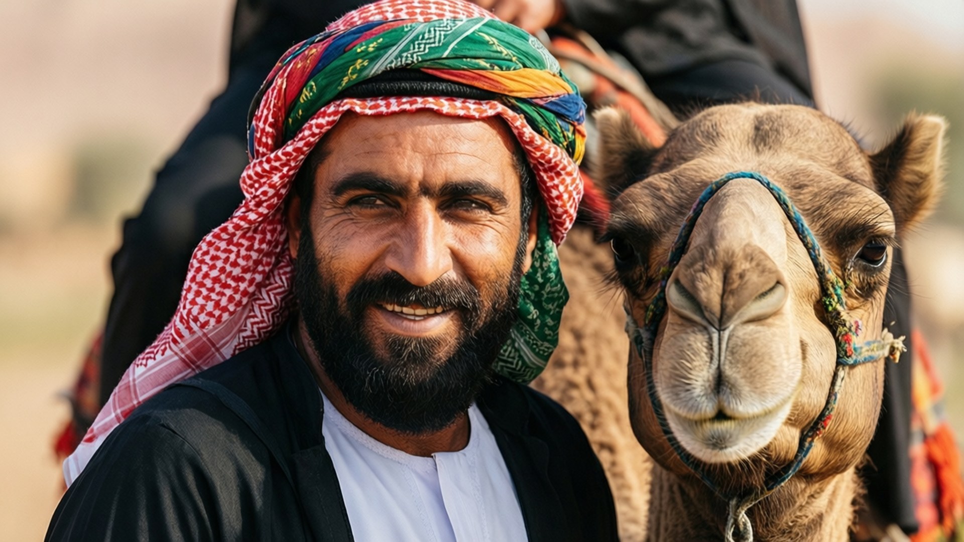Camel Rider Portrait 壁紙 — 一個微笑的男人戴著彩色圖案頭巾，坐在一隻用繩索牽引的駱駝旁邊，背景是沙漠。