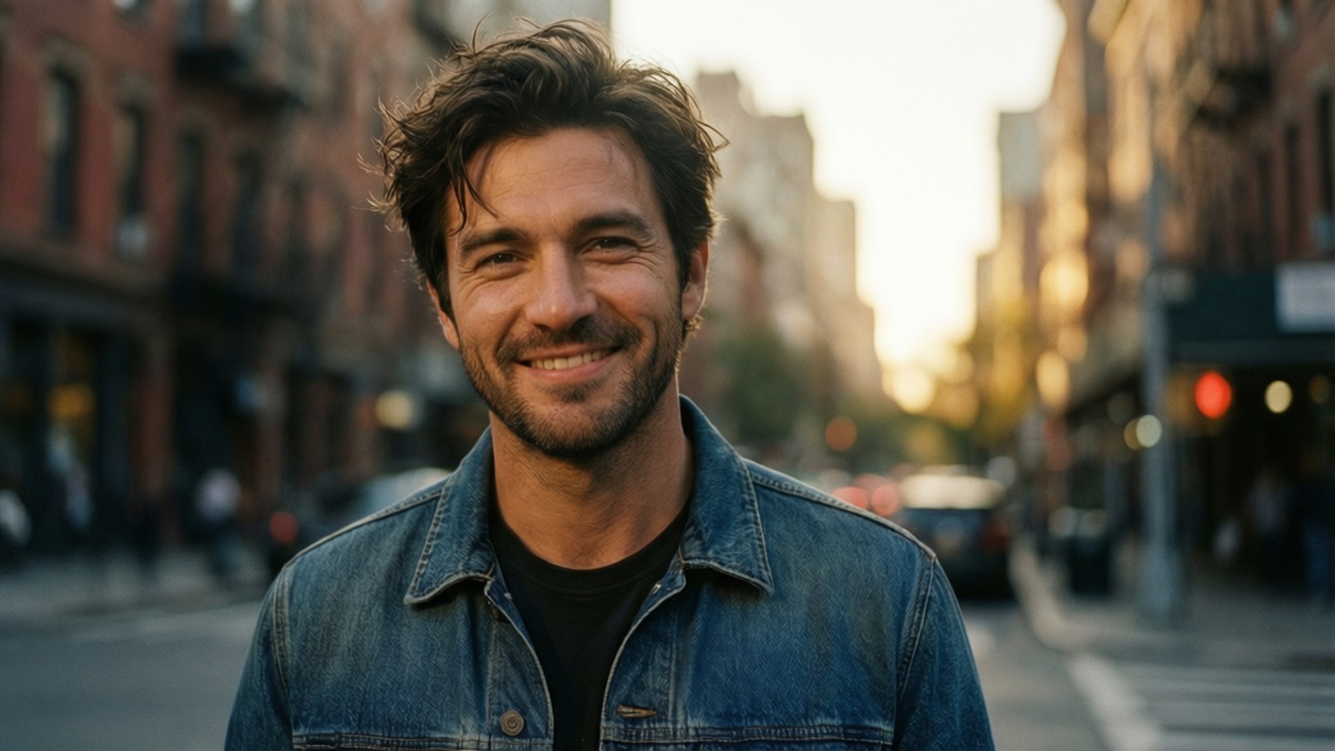 Golden Hour Smile 壁紙 — 一個微笑的男人，深色頭髮和鬍鬚，穿著牛仔外套，在陽光明媚的城市街道上，背景是模糊的磚砌建築和溫暖的金色光線。
