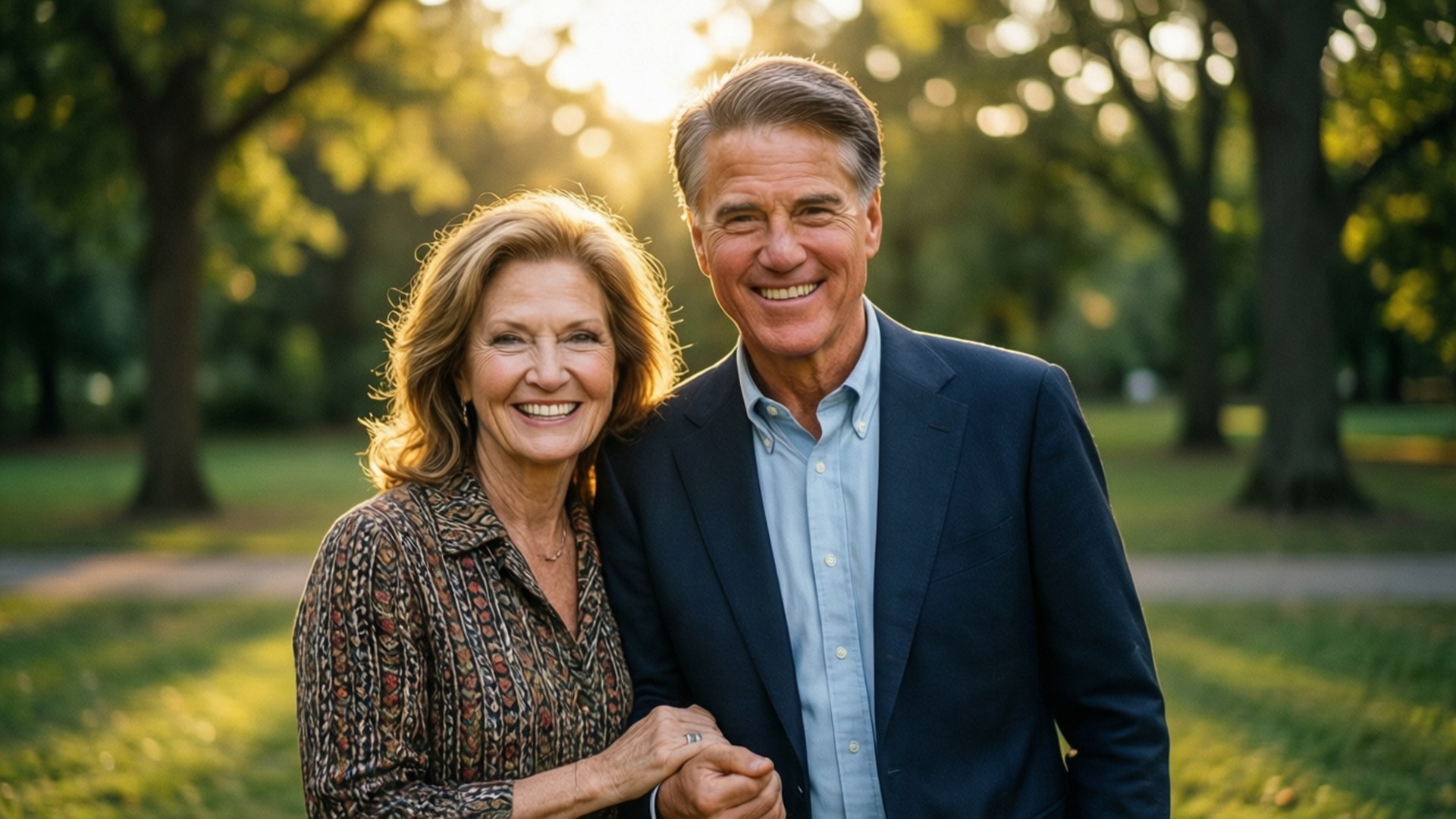 mitt romney 桌布 壁紙 — 一對微笑的老年夫婦在陽光普照的公園裡手牽手，金色光線穿過他們身後的樹木。