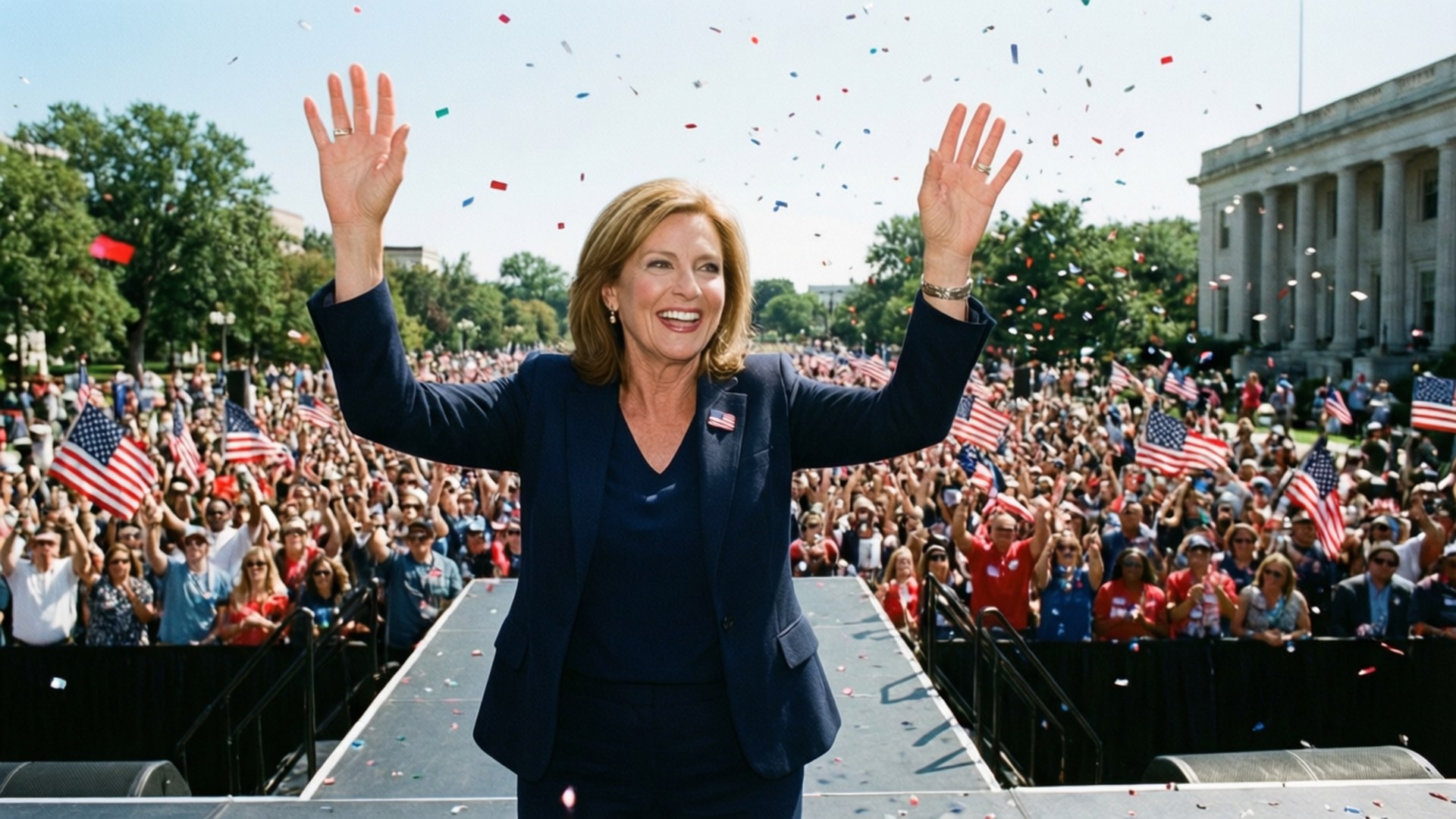 Campaign Trail 壁紙 — 一位身穿深色西裝、面帶微笑的女性向揮舞美國國旗的歡呼人群揮手，五彩紙屑在她周圍飄落。