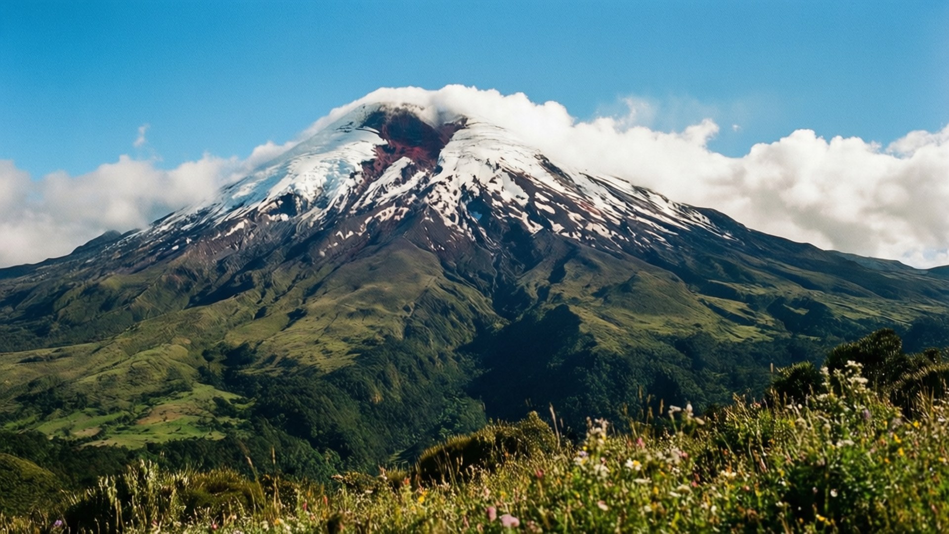 Nevado del Ruiz Volcano 壁紙 — 一座白雪覆蓋的火山，綠色山坡在明亮的藍天和蓬鬆的白雲下聳立。