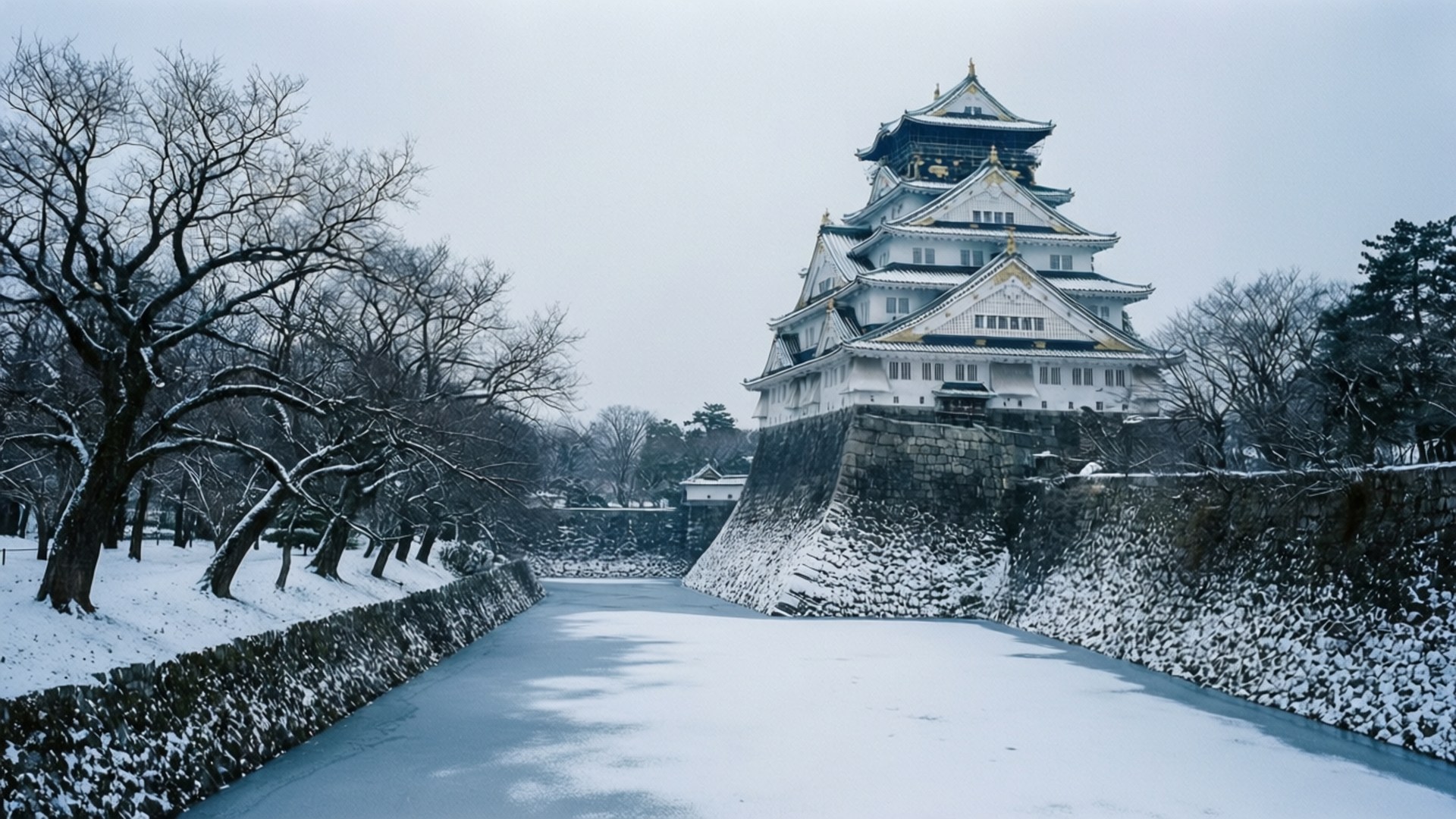 Snowy Osaka Castle 壁紙 — 一條被雪覆蓋的小路通向一座雄偉的白色日本城堡，帶有金色點綴，在灰色的冬日天空下。