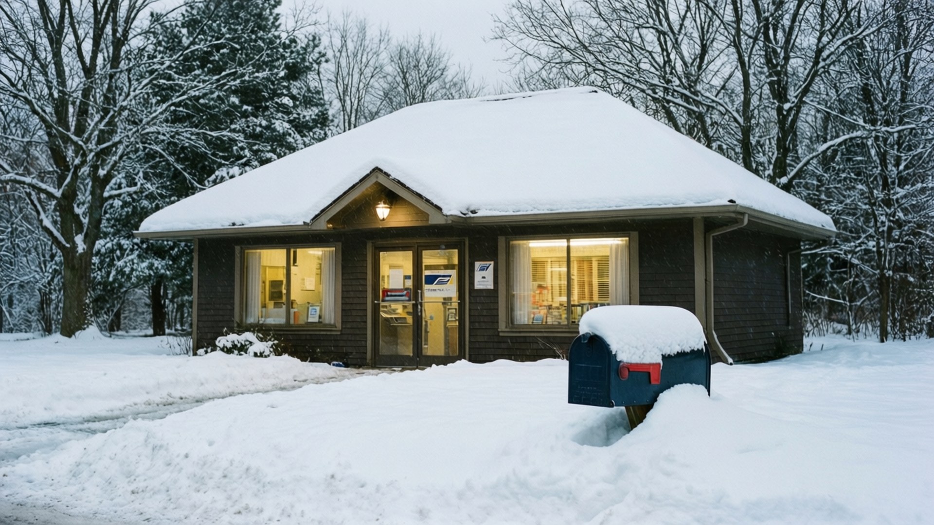 Snowy Post Office 壁紙 — 一棟被雪覆蓋的郵局建築從內部散發出溫暖的光芒，一個藍色郵筒埋在深深的冬雪中。