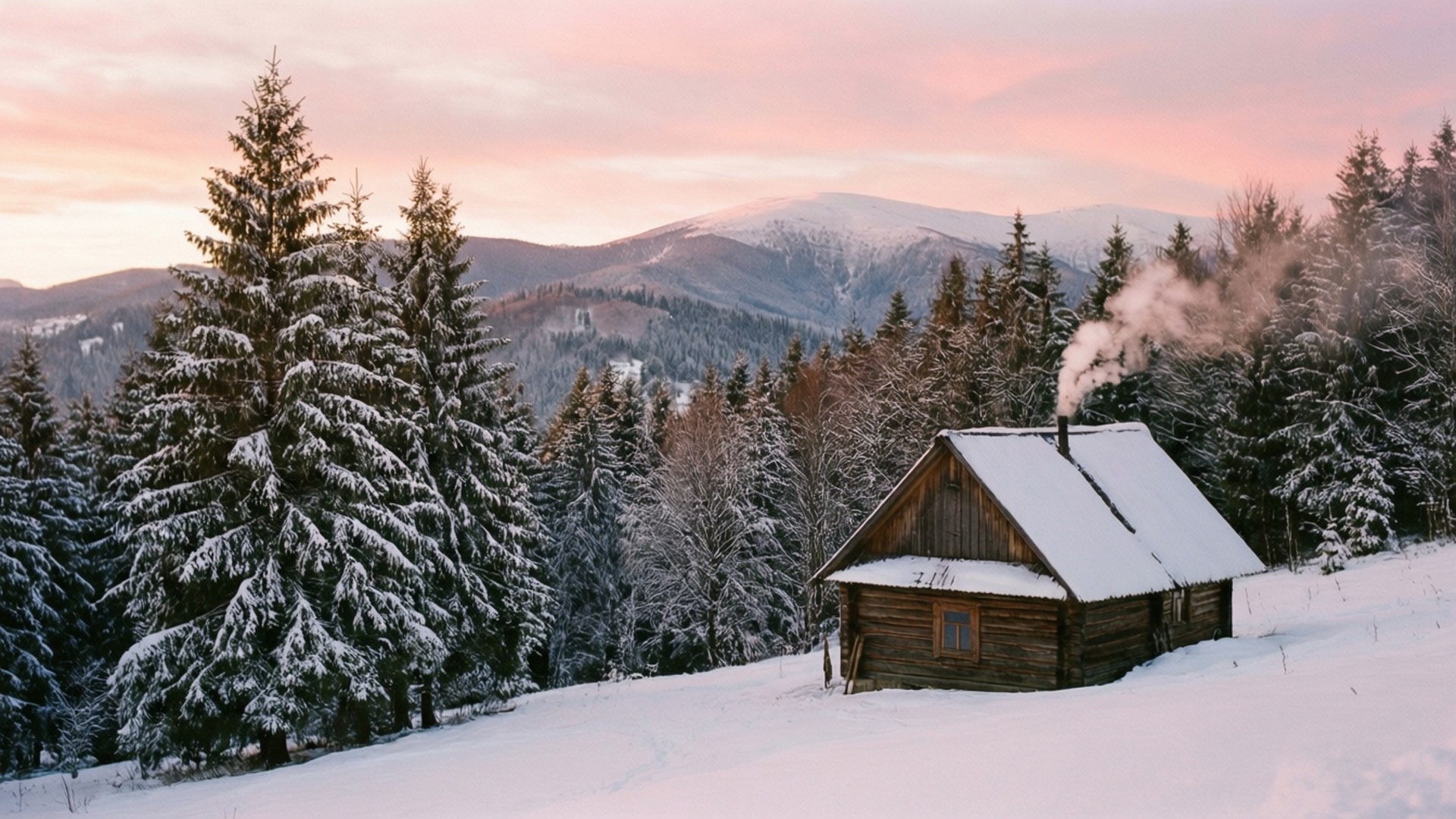 Carpathian Winter Cabin 壁紙 — 一座被雪覆蓋的木屋，坐落在松樹之間，煙囪冒出的煙霧映襯著粉紅色和橙色的日落天空。