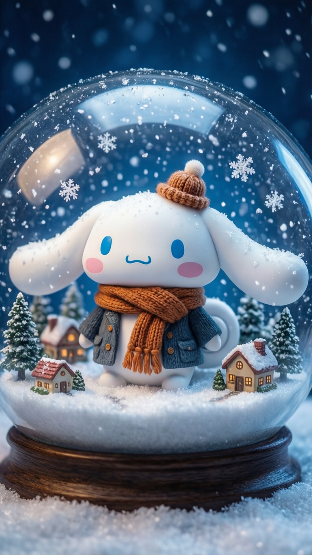 一個雪球，裡面有一隻戴著帽子和圍巾的白兔，周圍環繞著小小的雪屋和樹木。 — 肉桂捲 壁紙