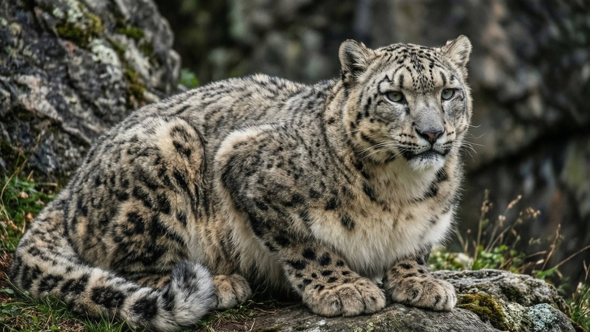 Snow Leopard Mountain 壁紙 — 雪豹警覺地休息在長滿苔蘚的岩石上，背景是模糊的森林。