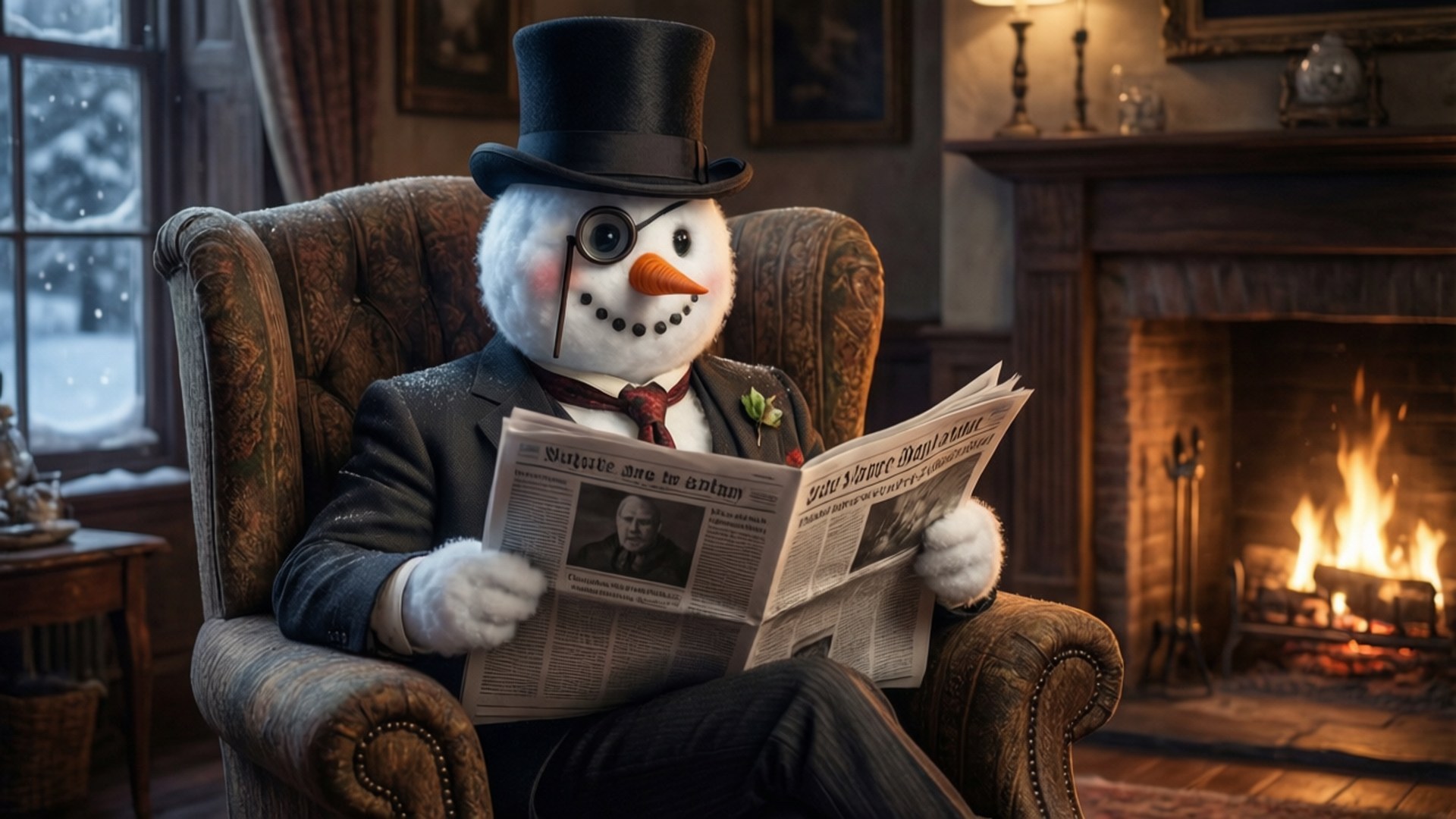 Sophisticated Snowman Reading 壁紙 — 一個戴高帽穿西裝的雪人，在舒適的復古客廳裡，在熊熊燃燒的壁爐旁看報紙。