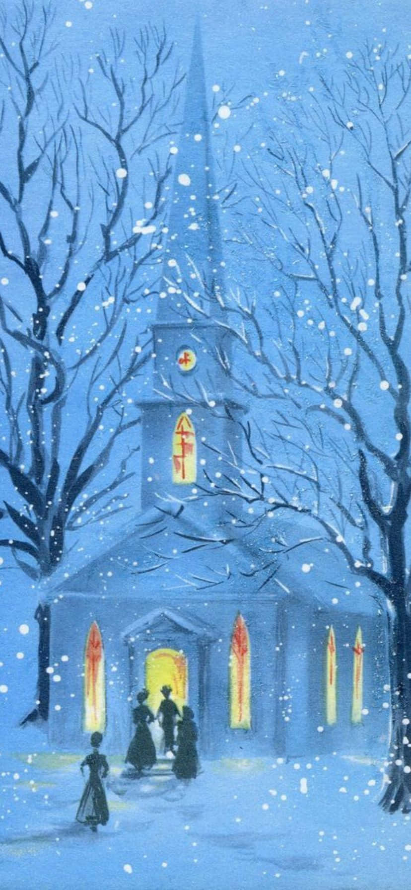  壁紙 — 夜晚一座被雪覆蓋的藍色教堂，溫暖發光的窗戶和剪影人物走向入口。