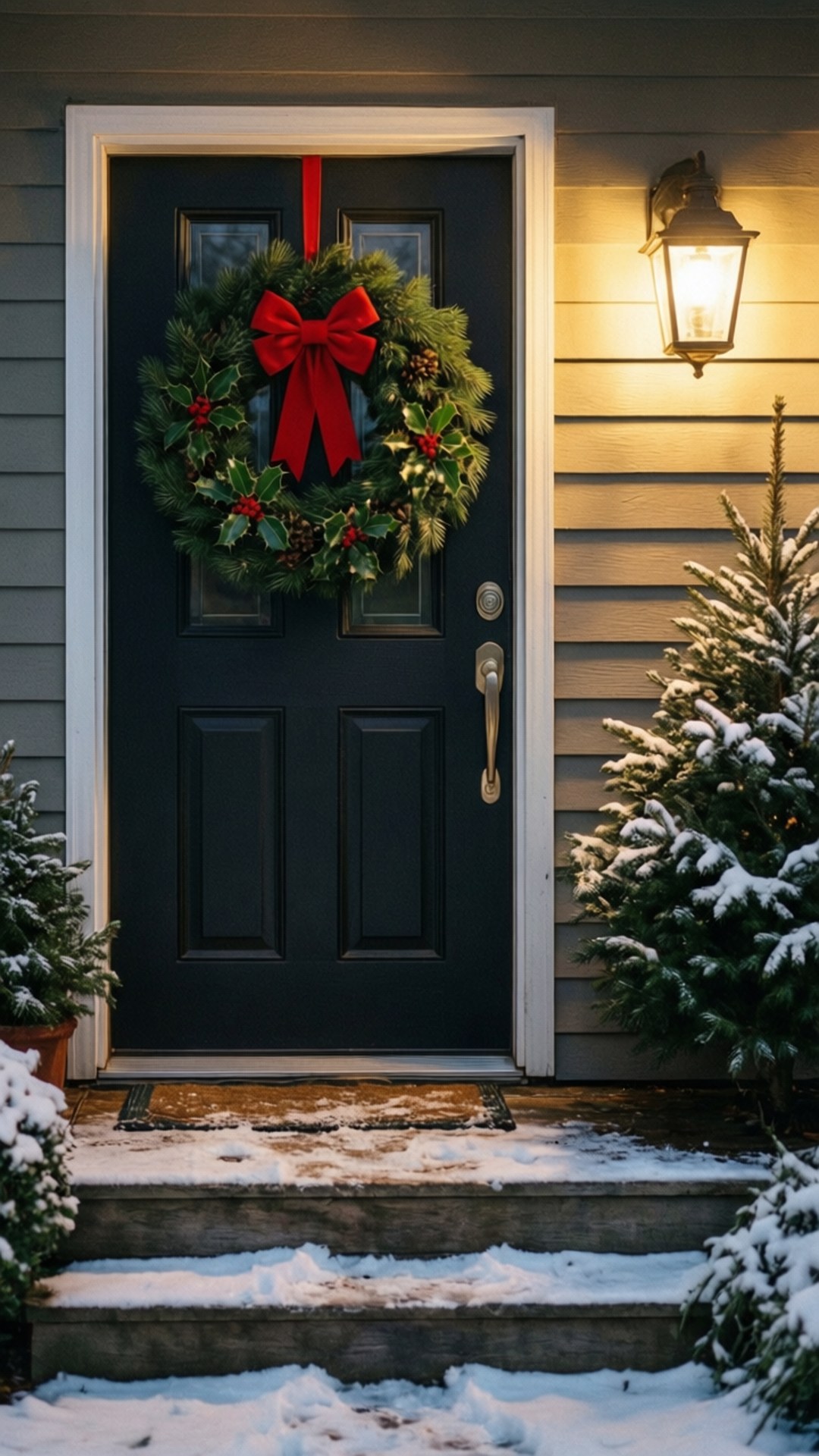 Welcome Wreath Door 壁紙 — 被溫暖門廊燈照亮的雪地前門，裝飾著節日綠色花環和紅色蝴蝶結。