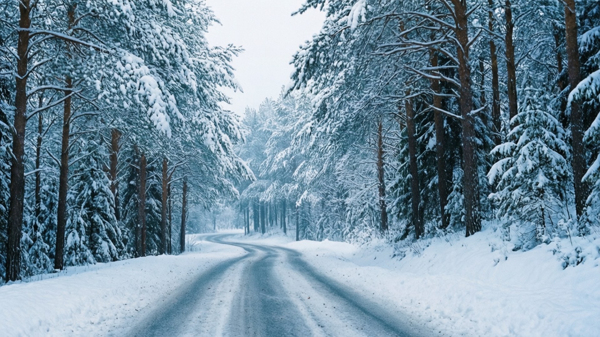 Winter Solitude 壁紙 — 一條白雪覆蓋的蜿蜒道路穿過茂密的松樹林，高大的松樹在蒼白的冬日天空下覆蓋著潔白的新雪。