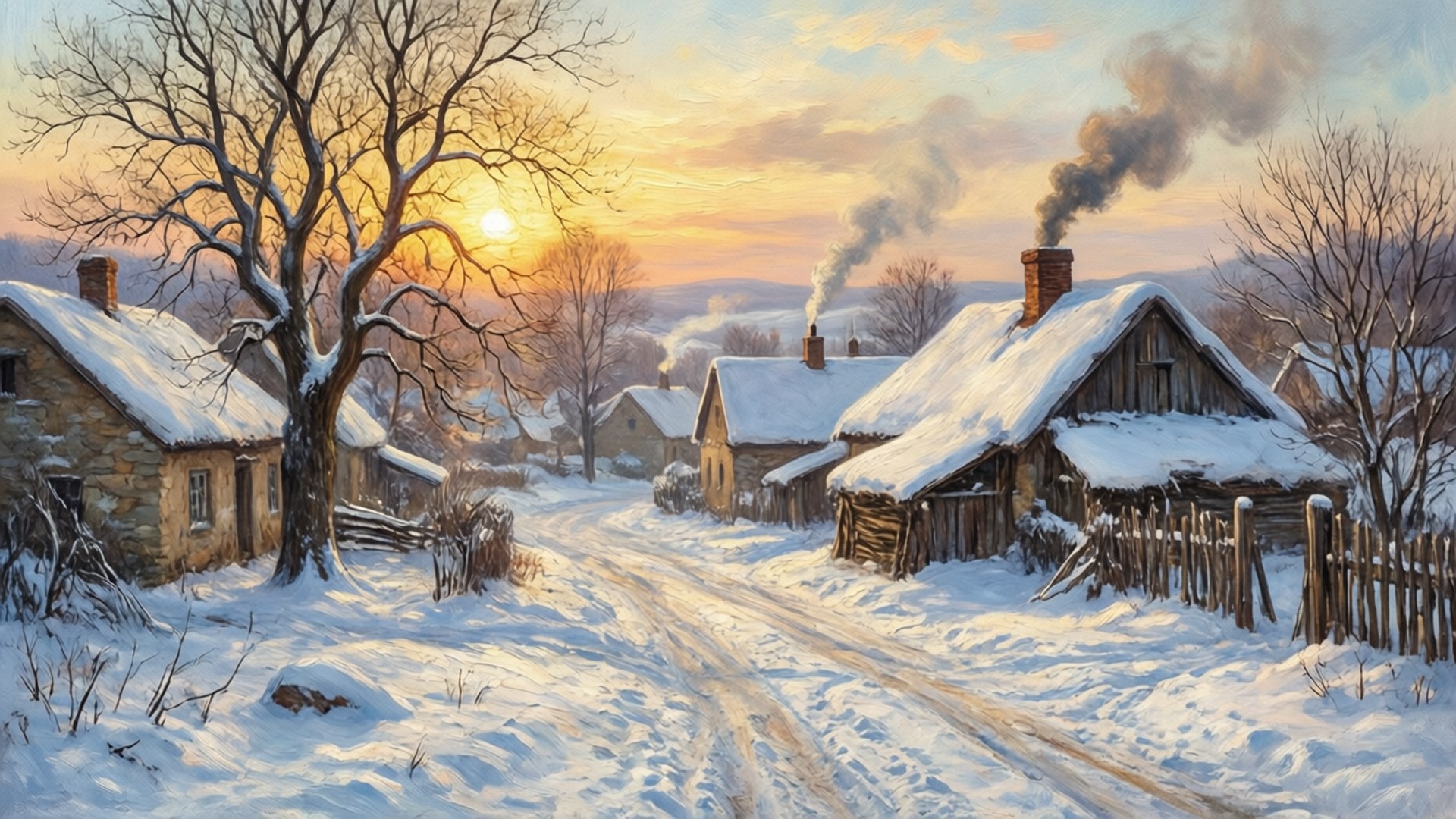 Snowy Village Glow 壁紙 — 日落時分的雪村，煙囪冒煙，光禿禿的樹木排列在積雪的小徑上。