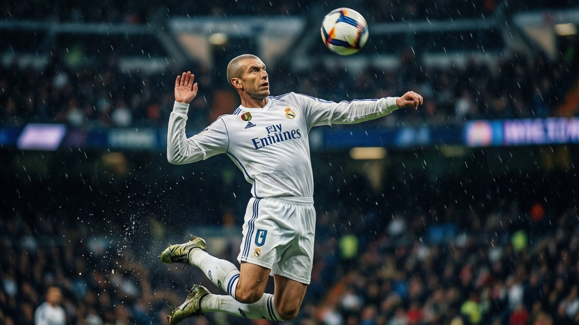 Zidane Volley Masterpiece 壁紙 — 一名足球員在雨中比賽中跳起，在球場燈光下用頭頂球。