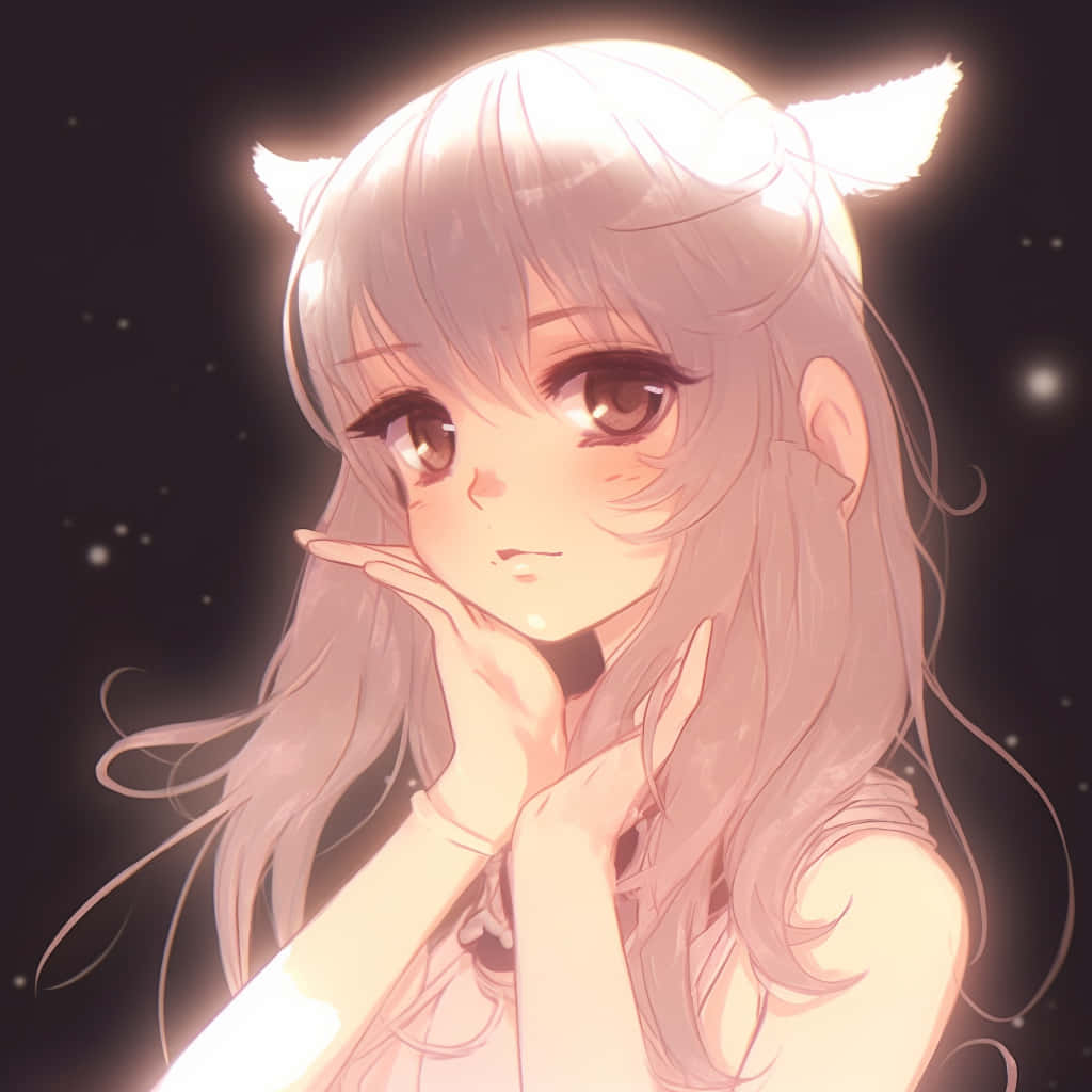  壁紙 — 一個柔和的動漫女孩，擁有發光的貓耳朵和長髮，在繁星點點的夜空下溫柔地凝視。