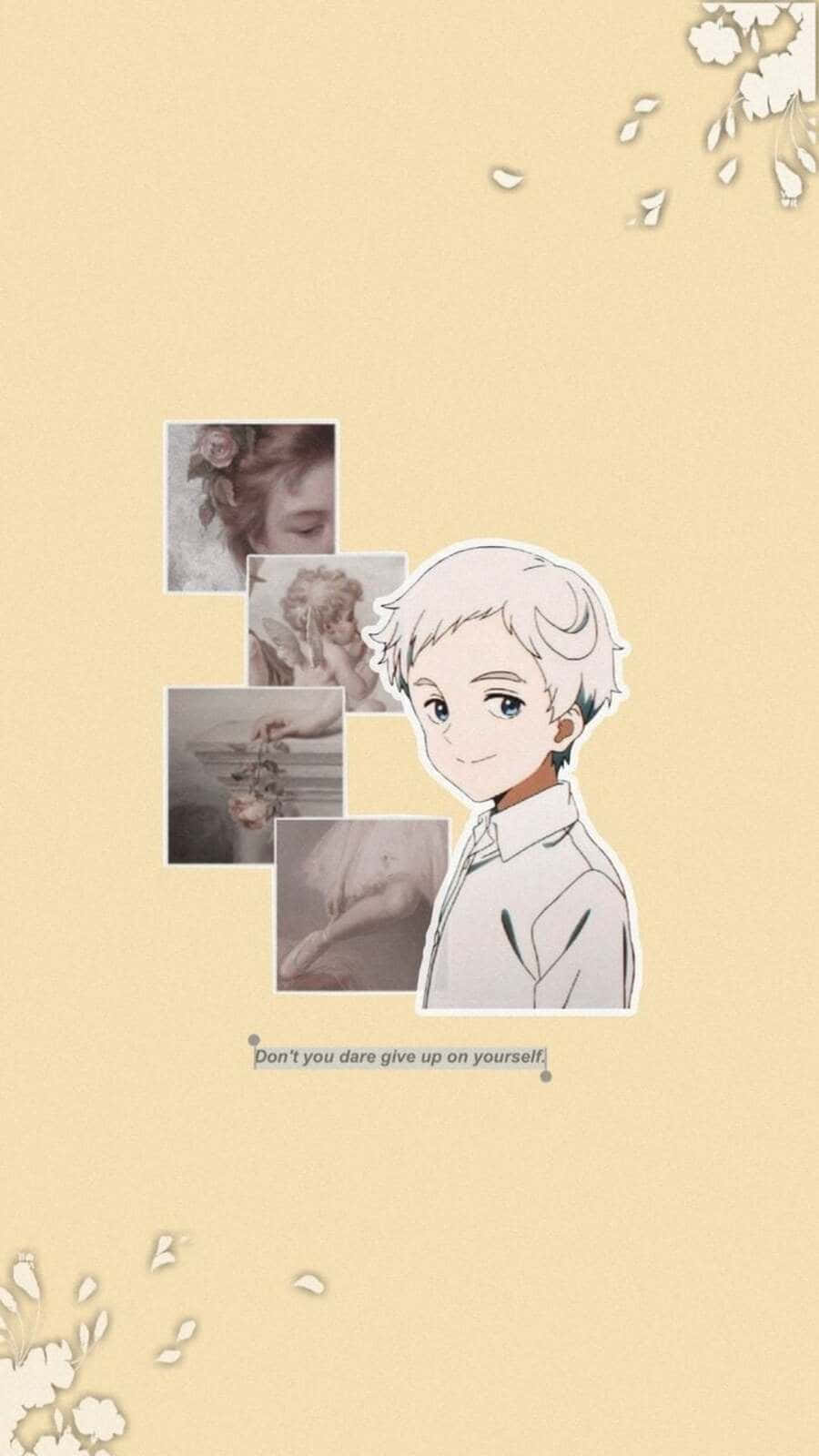 The Promised Neverland Norman 桌布 壁紙 — 柔軟的米色壁紙上，有一個微笑的白髮動漫男孩，旁邊是復古風格的相片拼貼和花卉裝飾。