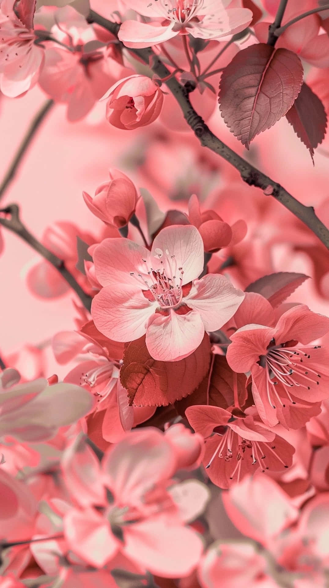  壁紙 — 柔焦特寫，深色樹枝上精緻的粉紅櫻花和花蕾，襯托夢幻粉紅背景。