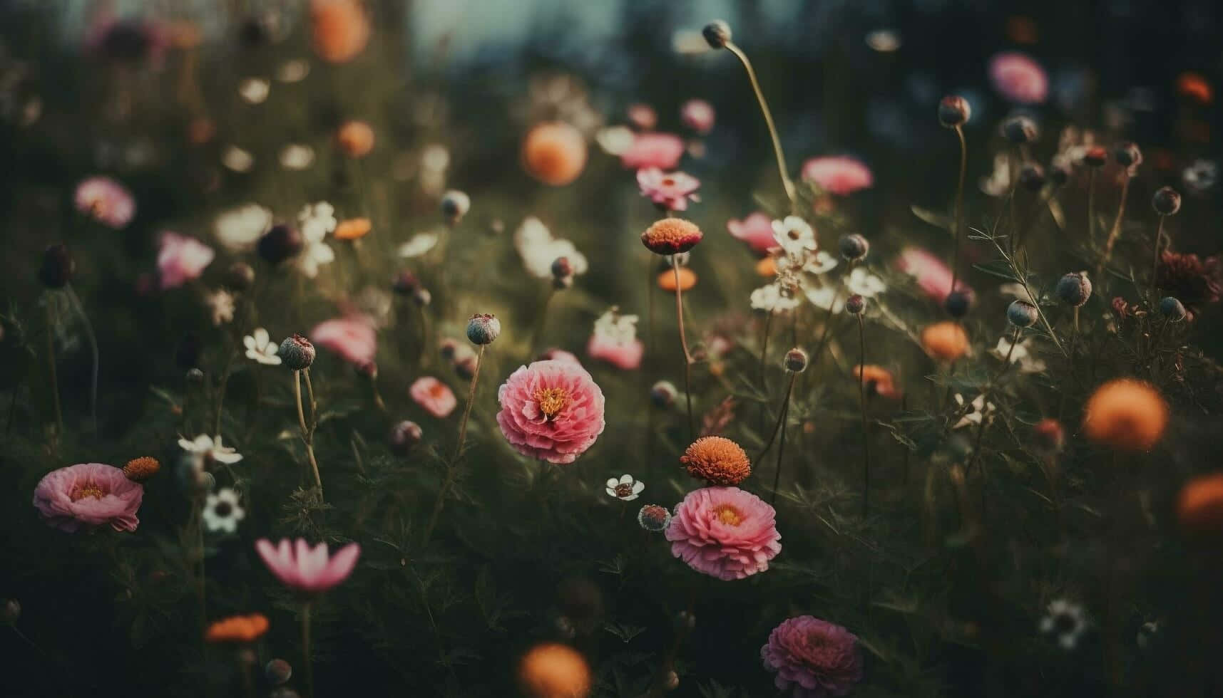  壁紙 — 一片柔和焦點的粉紅、白色和橙色野花田，在溫暖的金色光芒中閃耀。