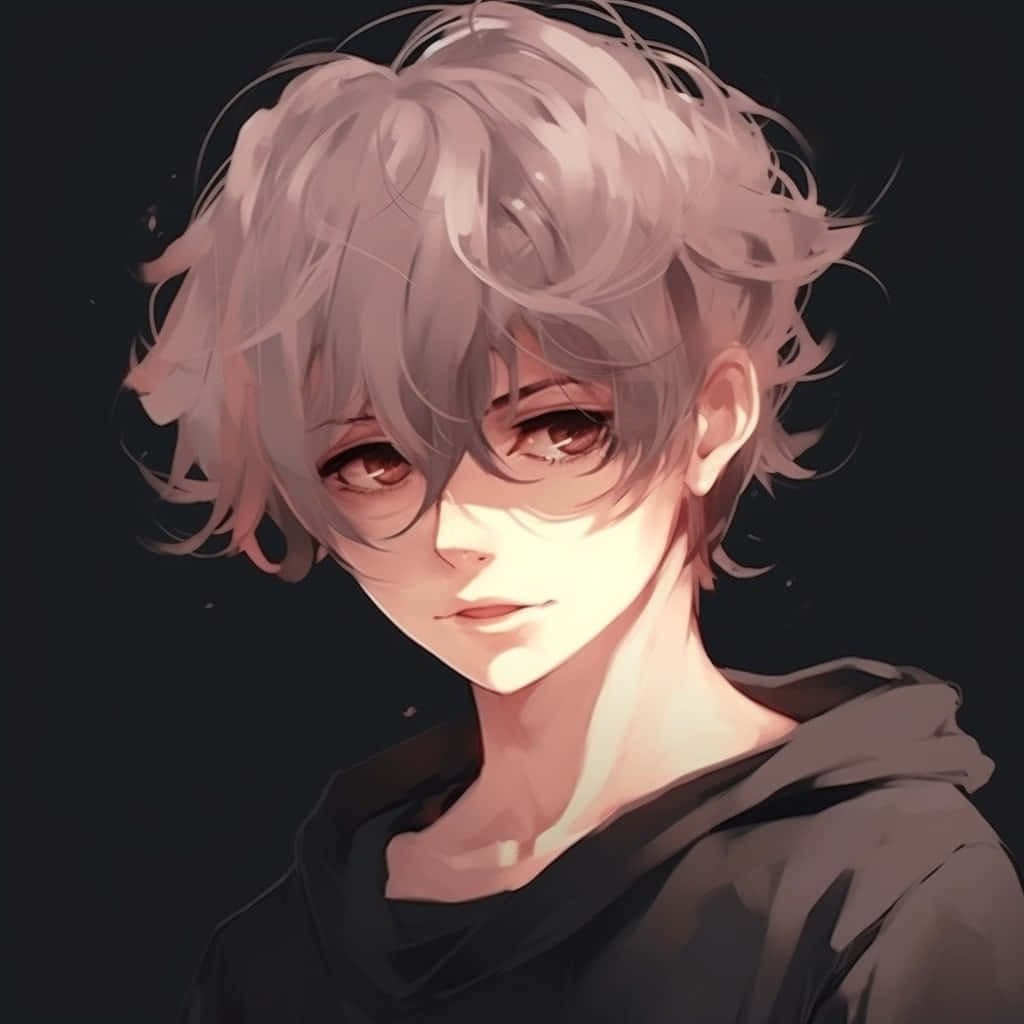  壁紙 — 一個柔和燈光的動畫男孩，凌亂的銀色頭髮和溫暖的棕色眼睛，在黑暗的背景前平靜地凝視。