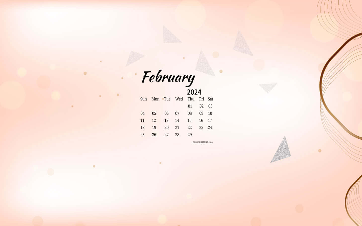  壁紙 — 2024年2月柔和蜜桃色月曆，散景背景上帶有閃亮三角形和金色漩渦。