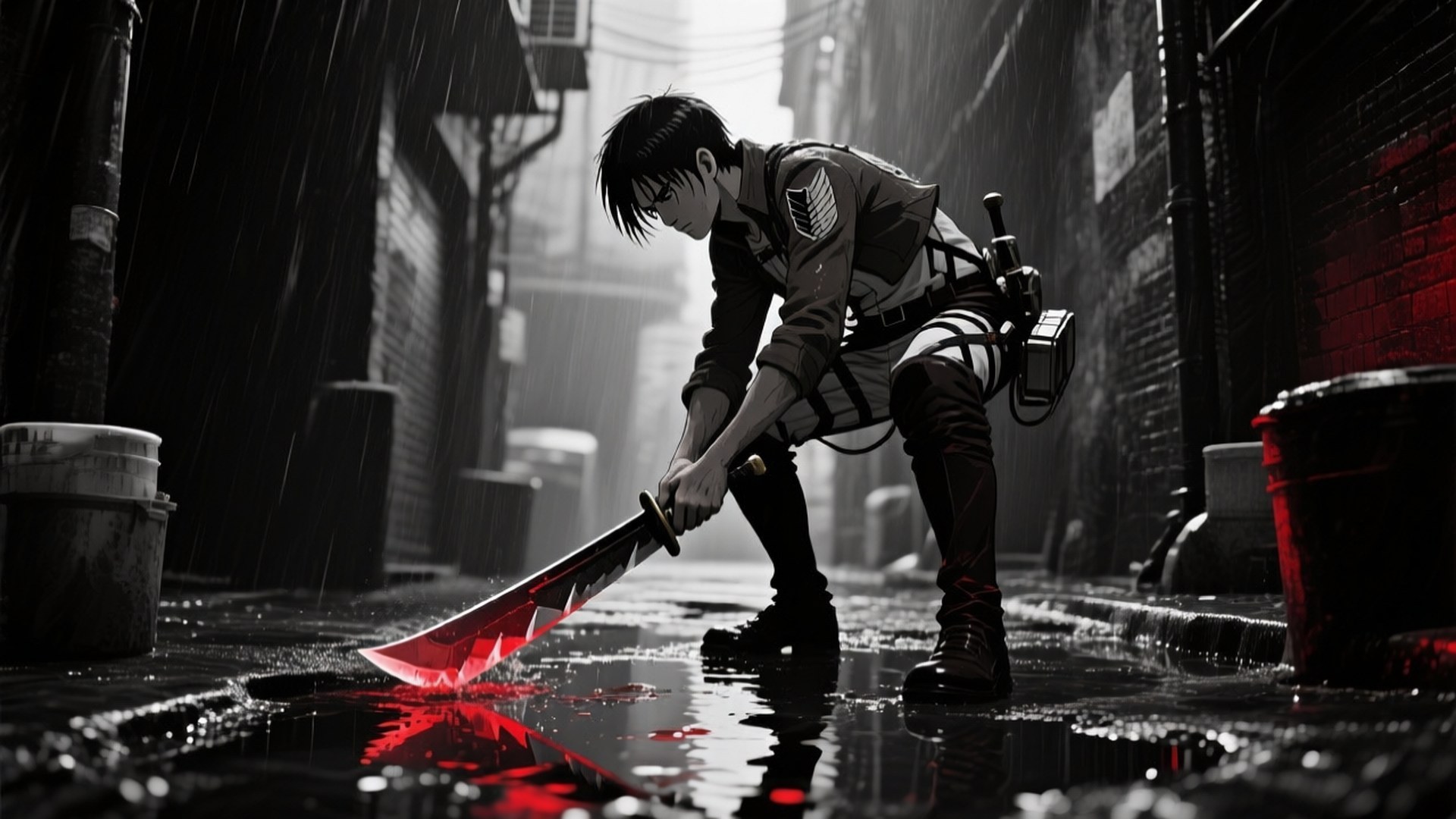 Levi in the Rain 壁紙 — 一名士兵在濕透的巷子裡握著一把發光的紅色劍，在昏暗的路燈下倒映在水坑中。