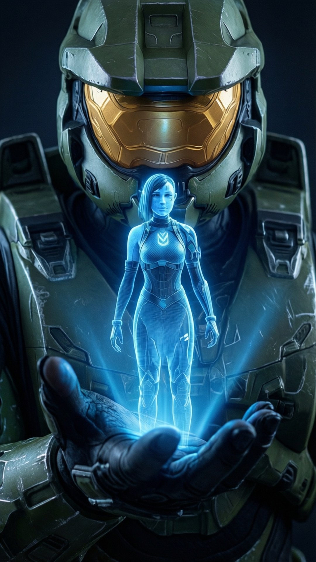 Cortana's Light 壁紙 — 一名身穿綠色盔甲的士兵手持一個穿著未來主義套裝的女子的發光藍色全息圖。