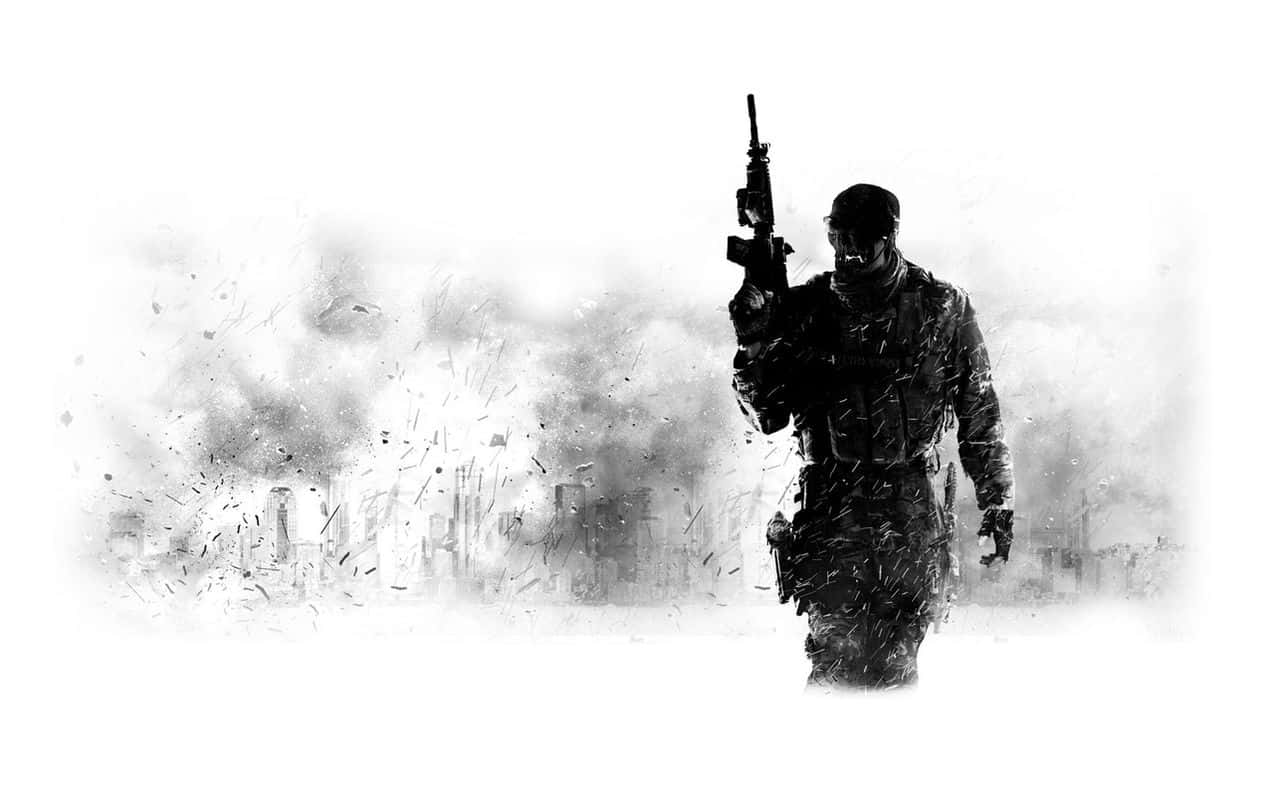  壁紙 — 一名士兵的剪影穿過煙霧和碎片，手持步槍，背景是純白色。