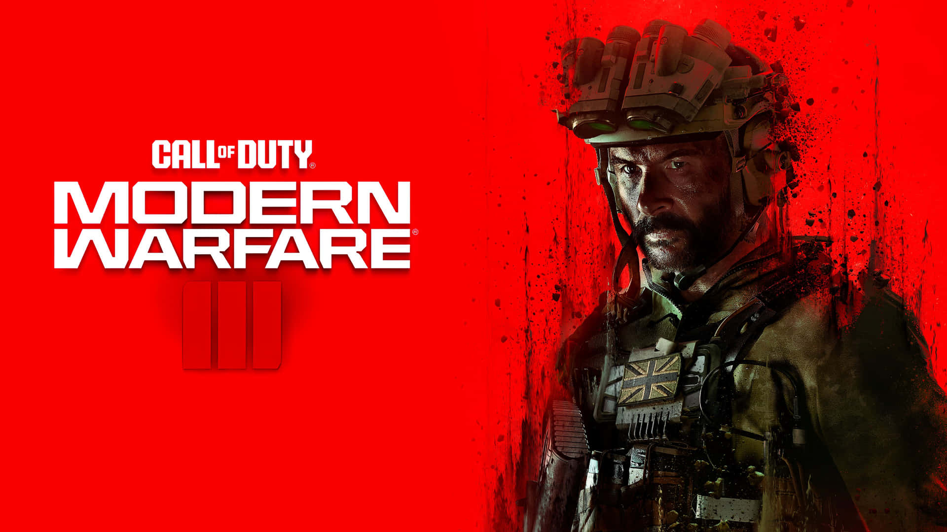  壁紙 — 一名身穿戰術裝備的士兵在鮮紅色背景上，帶有「Call of Duty Modern Warfare III」文字，凝視著。