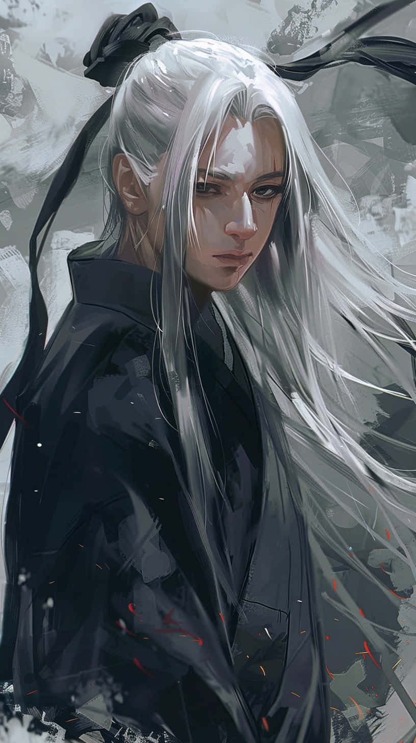  壁紙 — 一位莊嚴的動漫戰士，長著銀色長髮，身穿黑色長袍，站在風暴般的灰色背景前，紅色火花在他周圍飛舞。
