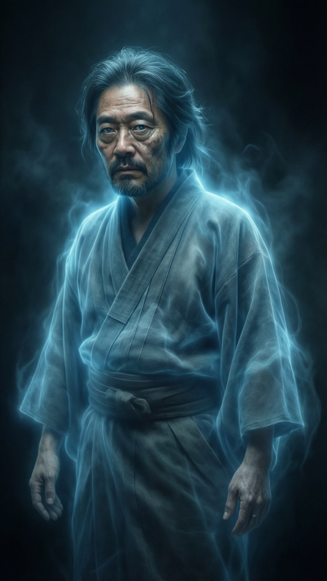 Ghost of the Past 壁紙 — 一位莊嚴的長者身穿傳統長袍，在黑暗煙霧背景中散發著空靈的藍光。