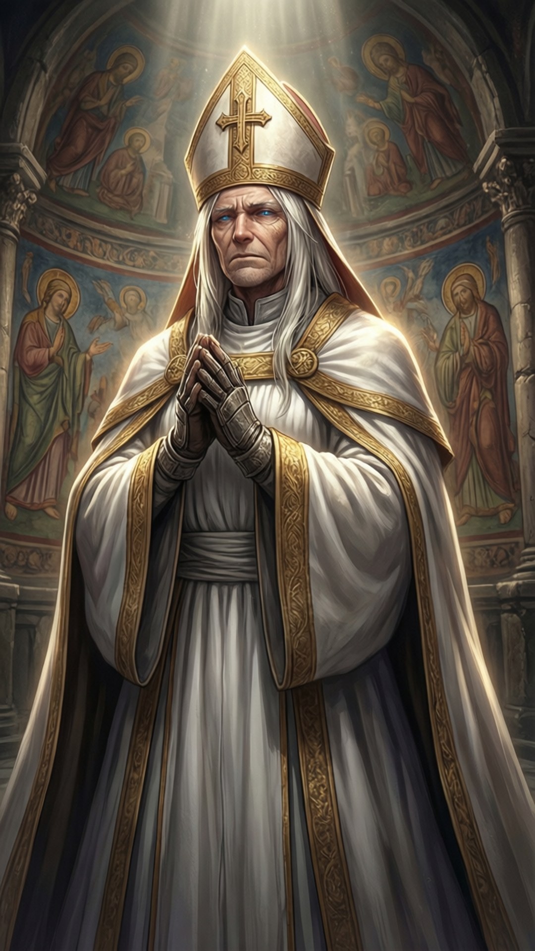 Archbishop's Prayer 壁紙 — 一位莊嚴的年長教宗身穿白色和金色祭衣，在壁畫裝飾的大教堂中，在神聖光芒下合十祈禱。