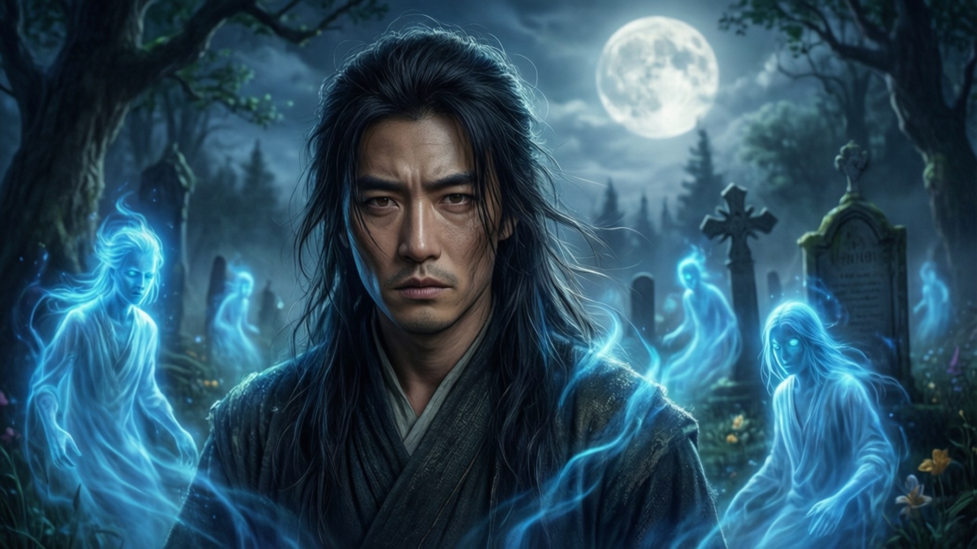 Moonlit Graveyard Spirit 壁紙 — 一個穿著深色長袍的莊嚴男子站在月光下的墓地，周圍環繞著發光的藍色幽靈般的身影。