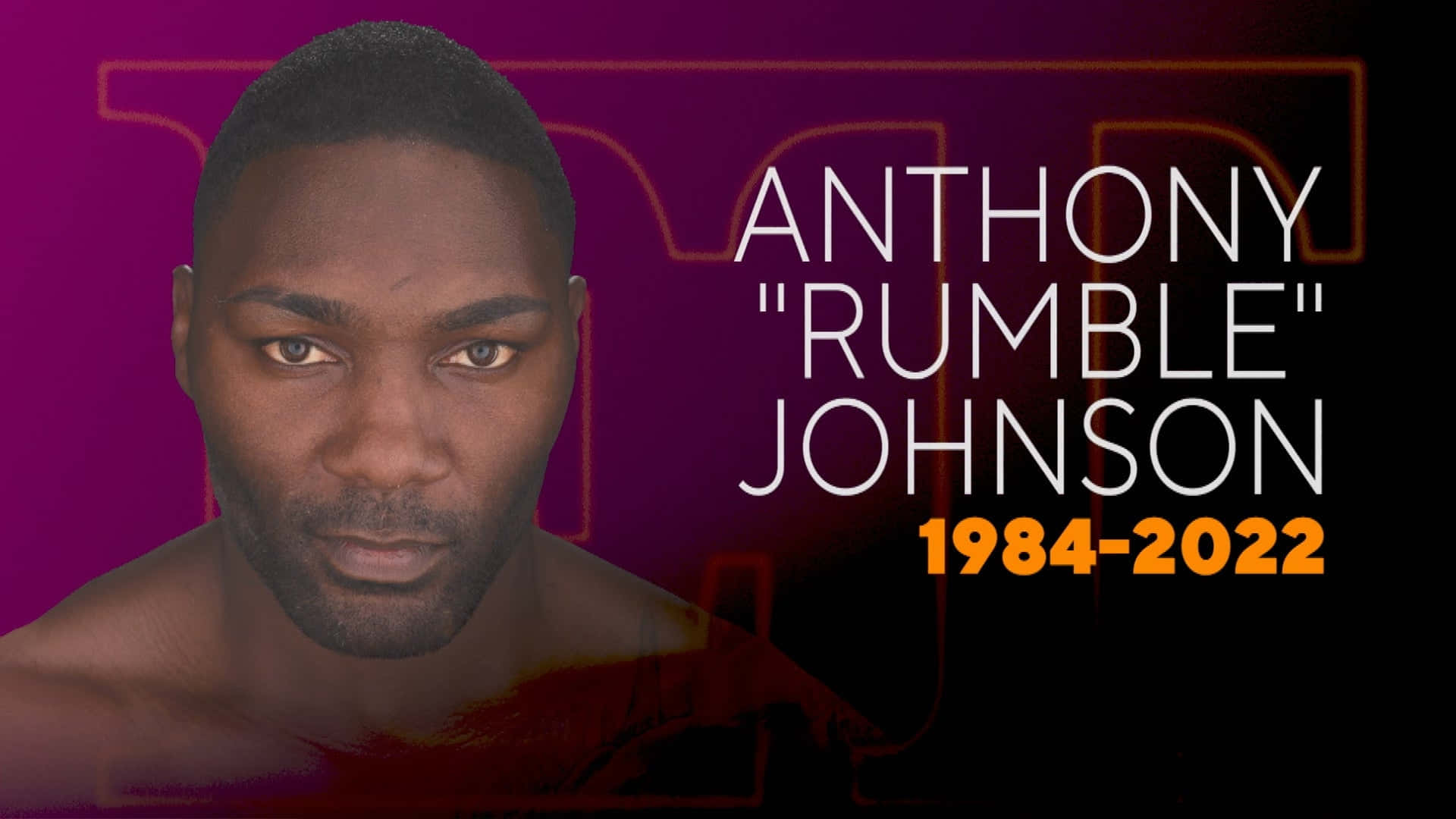 MMA 桌布 壁紙 — Anthony Rumble Johnson 的莊嚴肖像，背景為充滿活力的紫色和橙色圖形，並顯示他的名字和壽命。