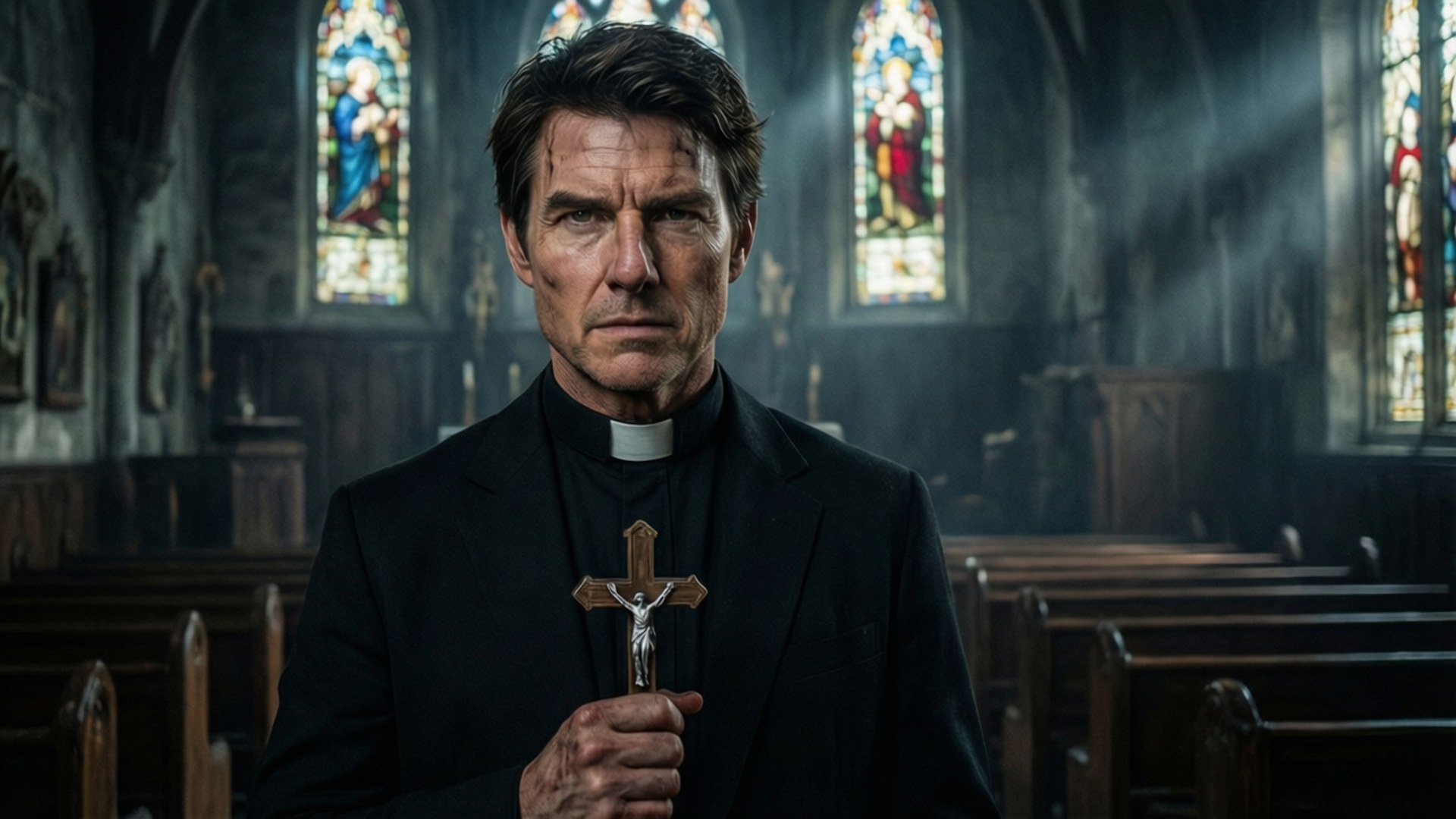 Dark Priest 壁紙 — 一位莊嚴的牧師在黑暗的教堂中手持十字架，彩色玻璃窗透過煙霧投射出彩色光線。