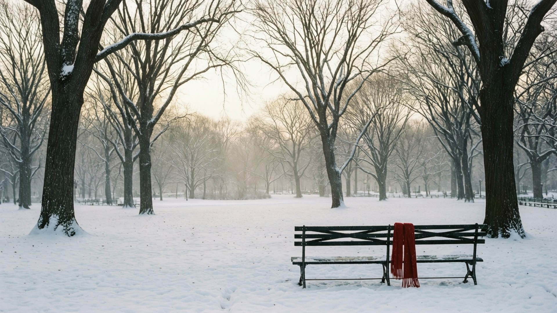 The Undoing 桌布 壁紙 — 一條孤獨的雪覆公園長椅，披著一條鮮紅色的圍巾，佇立在光禿的冬季樹木之間，在柔和的黎明天空下。