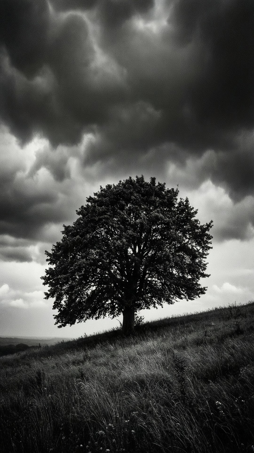 Solitary Tree Storm 壁紙 — 一棵孤獨的樹立在長滿草的山丘上，天空是充滿漩渦雲層的戲劇性單色。