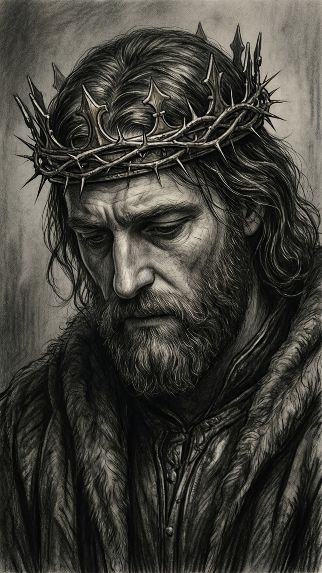 Crown of Thorns 壁紙 — 一幅陰沉的單色肖像畫，描繪一位留鬍鬚的男子，頭戴荊棘冠冕，肩上披著毛皮。