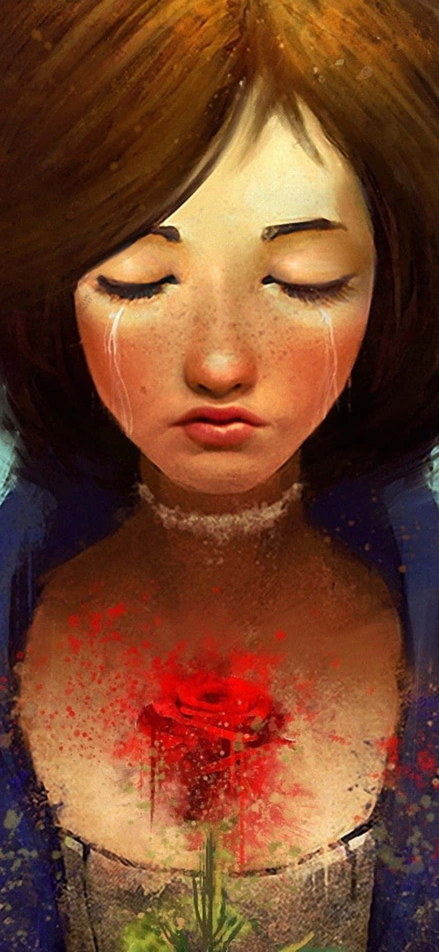 一個臉上帶著淚水的女孩，胸口有一朵紅玫瑰正在綻放。 — iPhone X 壁紙